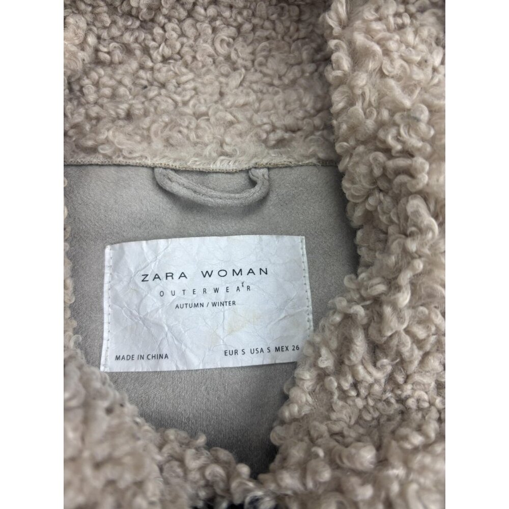 Zara Woman Jacket Womens Small Beige Sherpa Teddy Fleece Biker Moto Zip Pockets - Picture 2 of 8